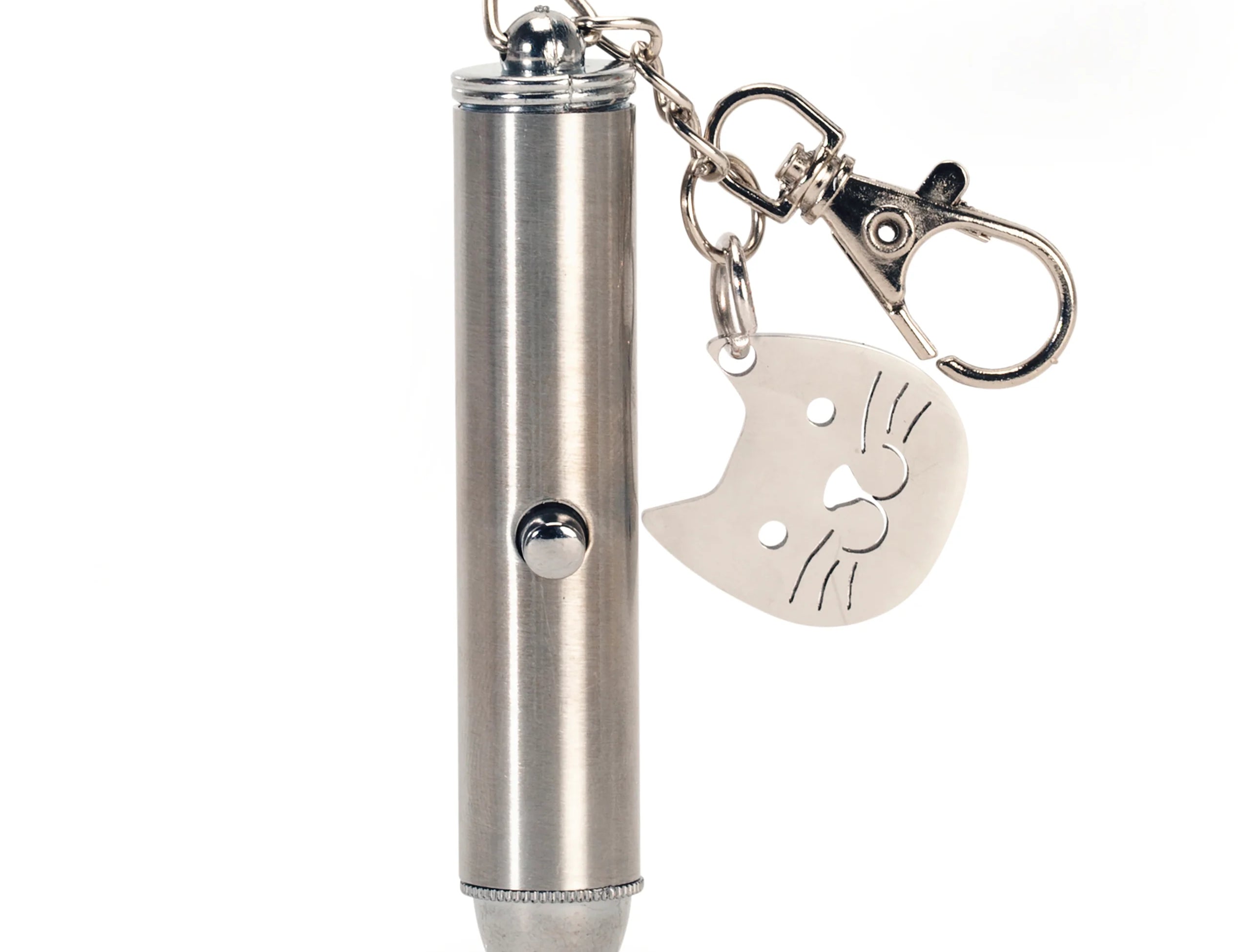 Kikkerland Laser Pointer cat toy, a silver keychain pointer with a cat face charm