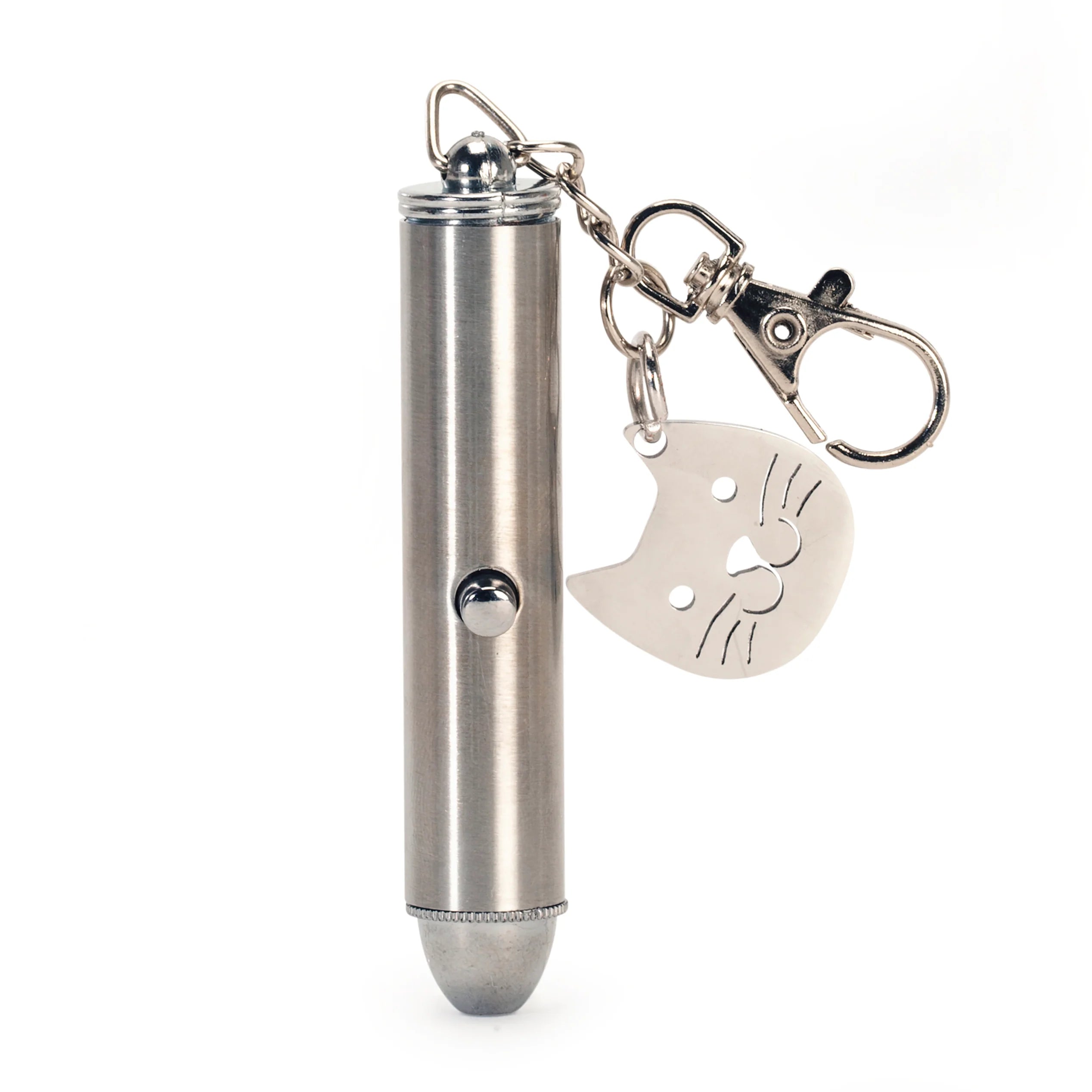 Kikkerland Laser Pointer cat toy, a silver keychain pointer with a cat face charm