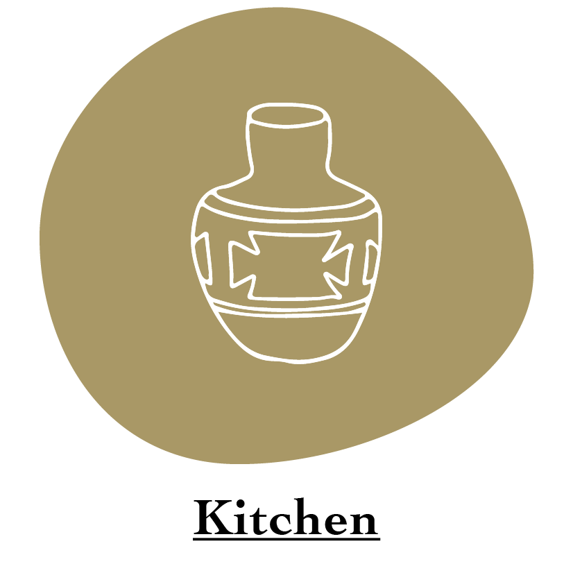 "Kitchen" category name with white Handmade South Western pottery style vase with Native American style design Illustration on gold circle