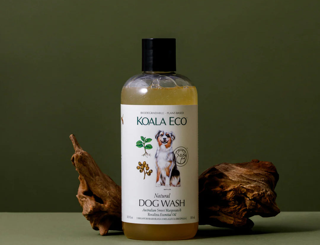 Koala Eco Natural Dog Wash bottle beside a piece of driftwood on a green background