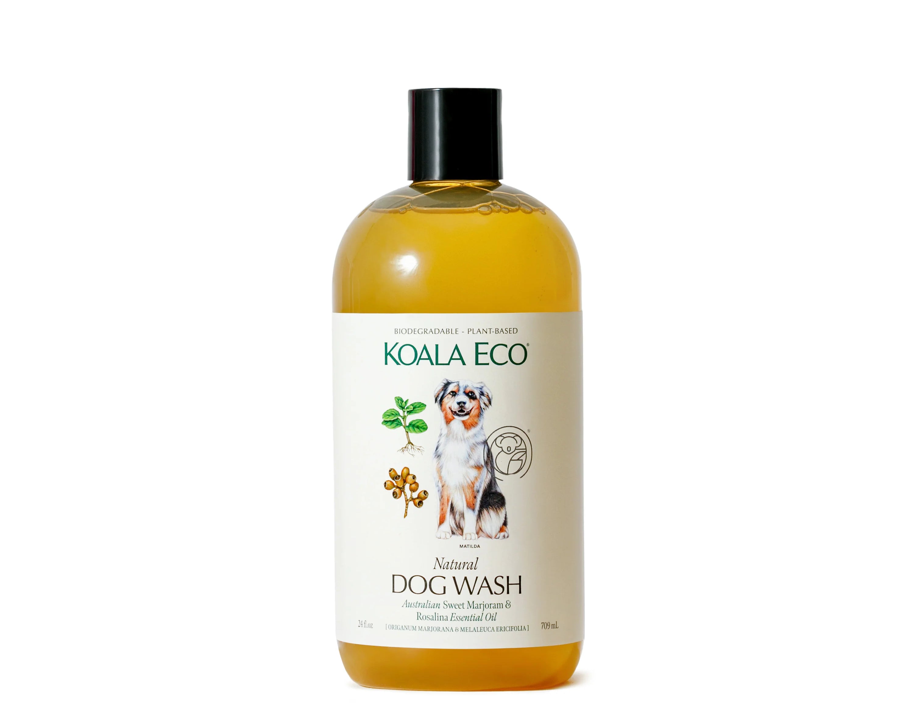 Koala Eco Natural Dog Wash in a clear bottle with a dog illustration label