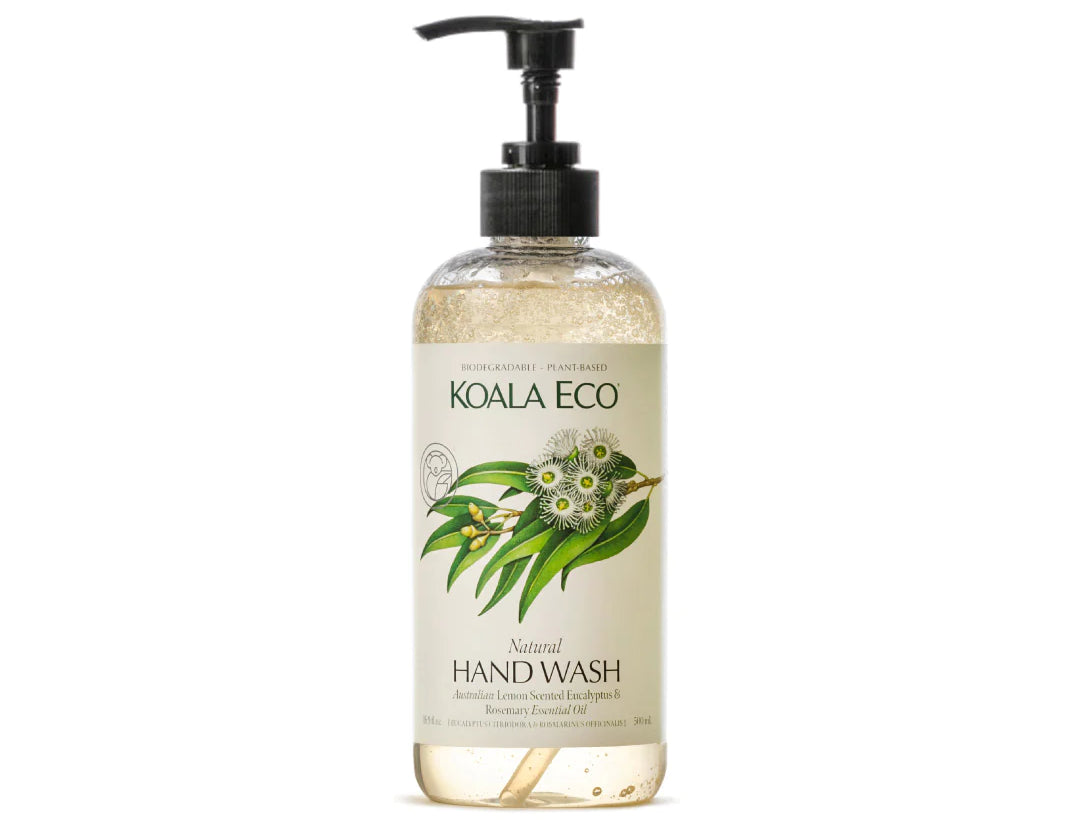 Koala Eco Natural Hand Wash in a clear pump bottle with a eucalyptus leaf label