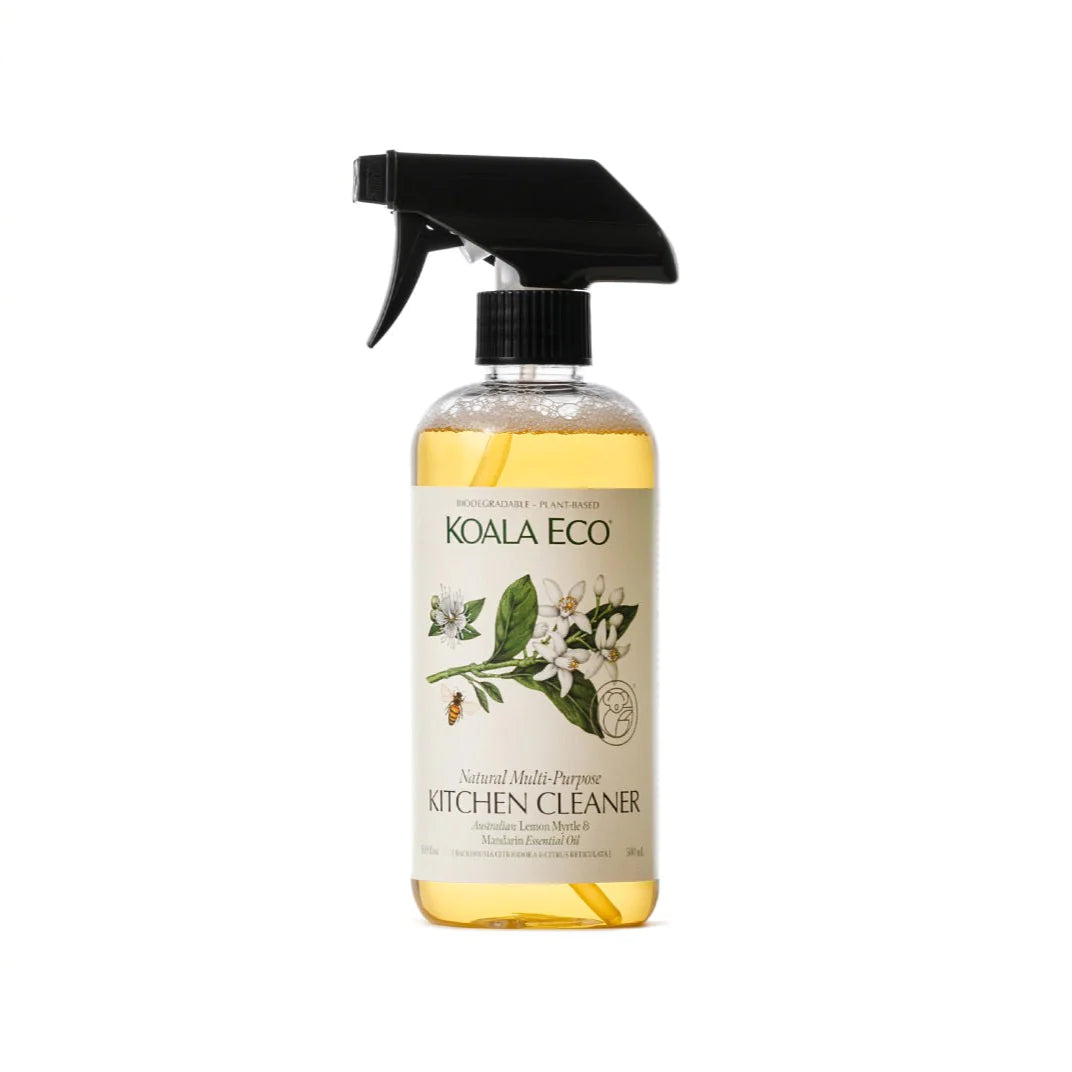 Koala Eco Natural Multi-Purpose Kitchen Cleaner in a clear spray bottle with a botanical label