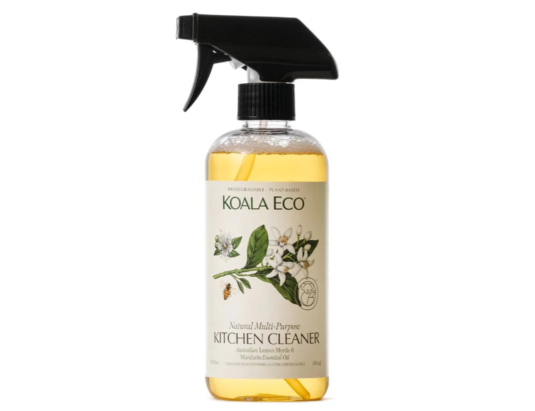 Koala Eco Natural Multi-Purpose Kitchen Cleaner in a clear spray bottle with a botanical label