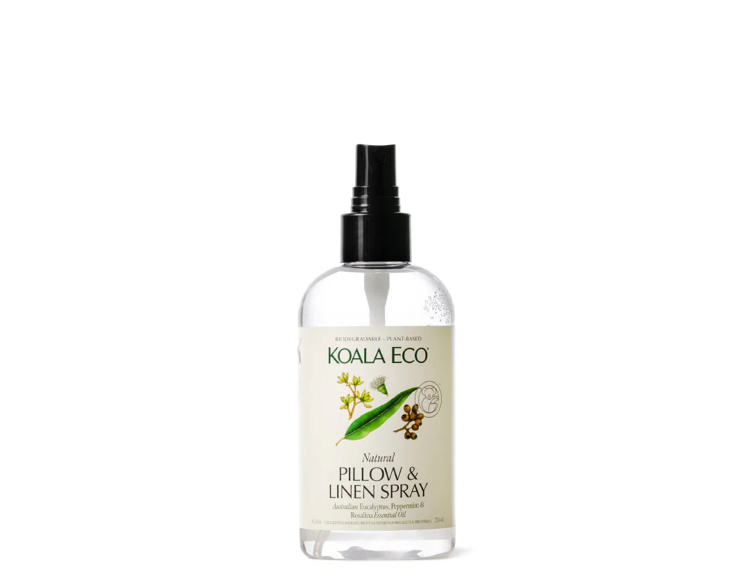 Koala Eco Natural Pillow & Linen Spray in a clear bottle with a fine mist top
