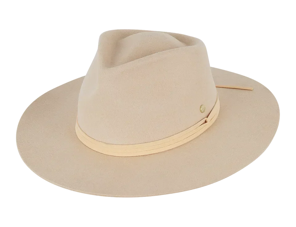 Kooringal Alice Wide Brim Fedora in Cream, a cream felt hat with a matching leather cord band