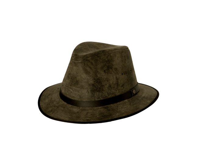 Kooringal Canungra Drover hat in Olive, a distressed faux-suede outback hat with a leather band