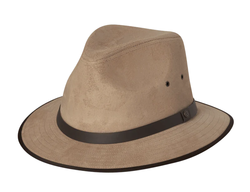 Kooringal Canungra Drover hat in Tan, a light brown faux-suede outback hat with a leather band, front view