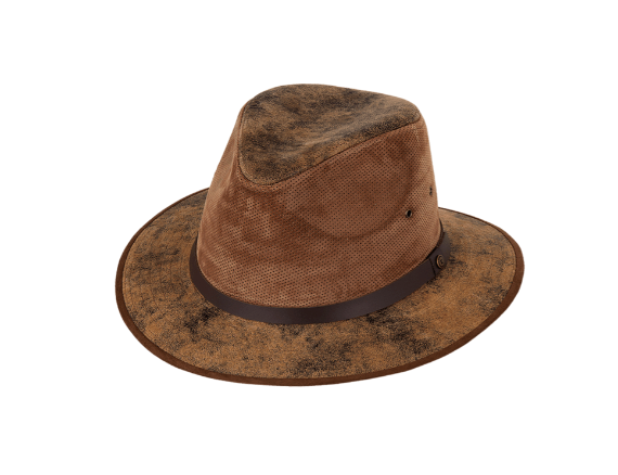 Kooringal Canungra Drover hat in Tobacco, a distressed brown faux-suede outback hat, angled view