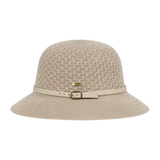 Kooringal Cassie Women's Short Brim hat in light beige open weave with a cream belt band, front view