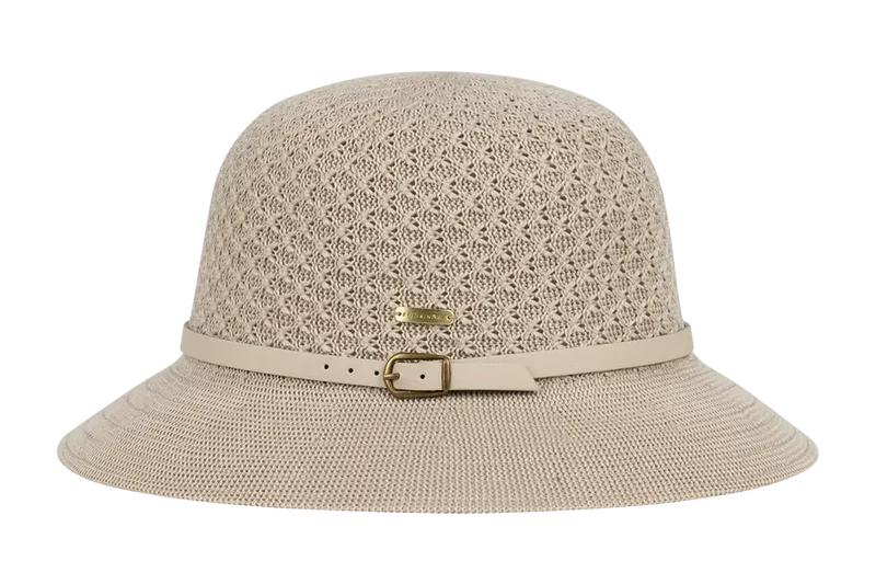 Kooringal Cassie Women's Short Brim hat in light beige open weave with a cream belt band, front view
