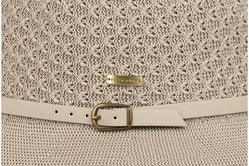 Close-up of the open weave crown and belt band on the beige Kooringal Cassie Women's Short Brim hat