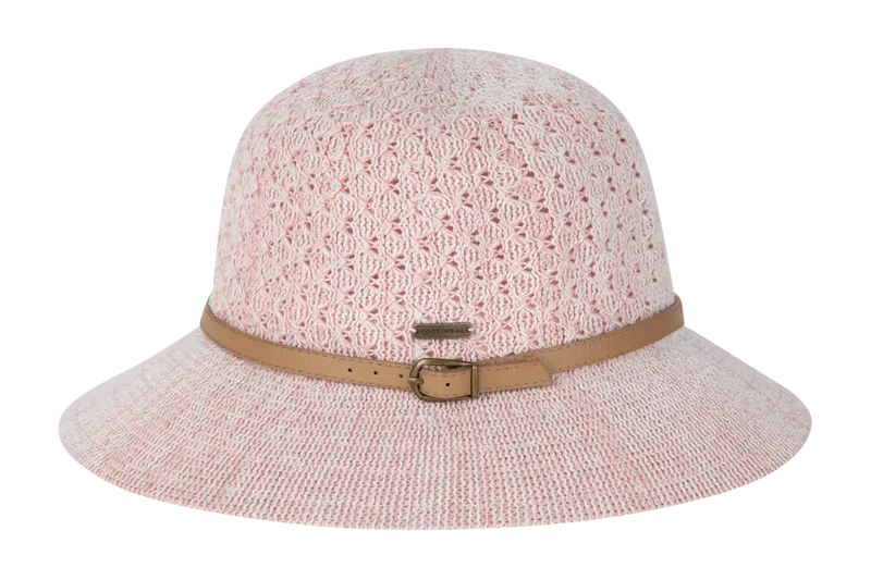 Kooringal Cassie Women's Short Brim hat in Natural with a tan belt band, angled view