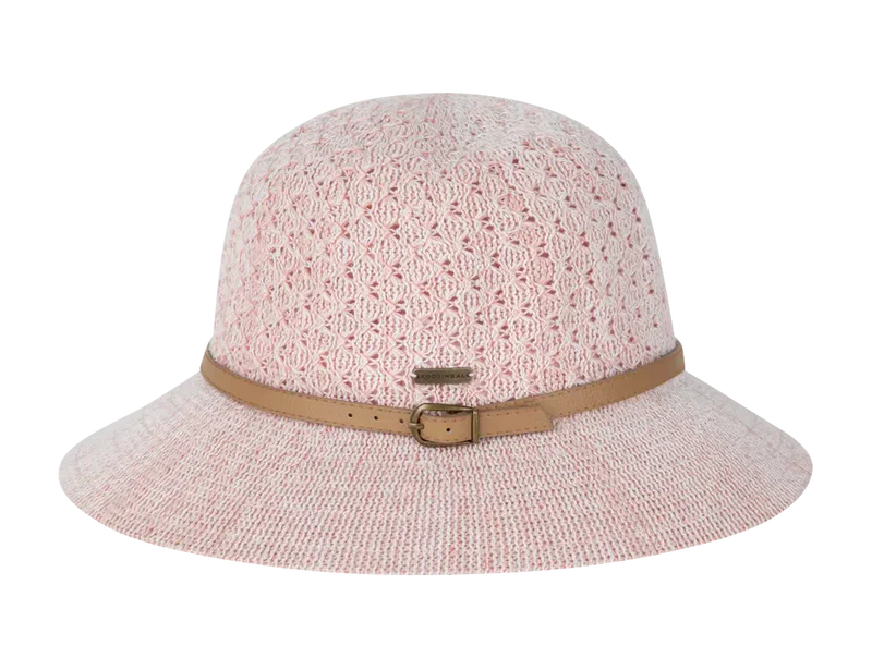 Kooringal Cassie Women's Short Brim hat in Natural with a tan belt band, angled view