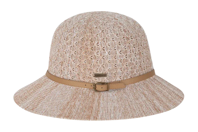 Kooringal Cassie Women's Short Brim hat in Natural, a blush-beige open weave with a tan belt band, front view