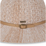 Close-up of the open weave and tan belt band on the Kooringal Cassie Women's Short Brim hat in Natural