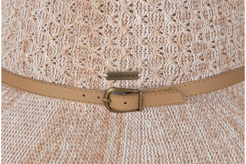 Close-up of the open weave and tan belt band on the Kooringal Cassie Women's Short Brim hat in Natural