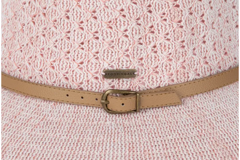 Close-up of the pink open weave and belt band on the Kooringal Cassie Women's Short Brim hat in Peach