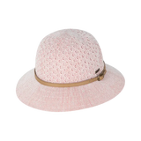 Kooringal Cassie Women's Short Brim hat in Peach, a pink open weave with a tan belt band, front view