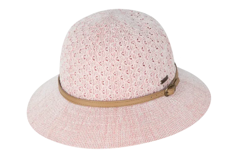 Kooringal Cassie Women's Short Brim hat in Peach, a pink open weave with a tan belt band, front view
