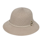 Kooringal Cassie Women's Short Brim hat in Taupe, a gray-beige open weave with a matching belt band, front view