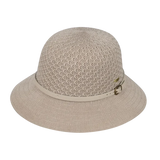 Kooringal Cassie Women's Short Brim hat in Taupe, a gray-beige open weave with a matching belt band, front view