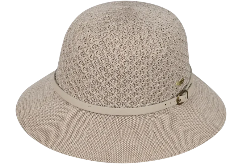 Kooringal Cassie Women's Short Brim hat in Taupe, a gray-beige open weave with a matching belt band, front view