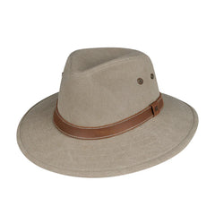 Kooringal Currumbin Safari hat in Clay, a tan canvas safari hat with a brown leather band, angled view