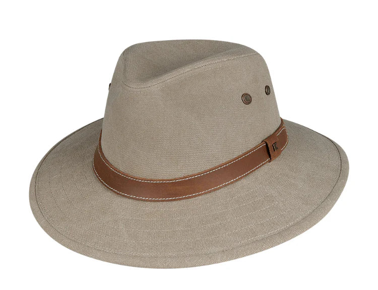 Kooringal Currumbin Safari hat in Clay, a tan canvas safari hat with a brown leather band, angled view