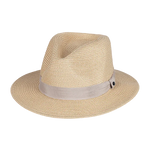 Kooringal Cypress Safari hat, a natural straw fedora with a gray ribbon band, angled view