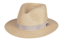 Kooringal Cypress Safari hat, a natural straw fedora with a gray ribbon band, angled view