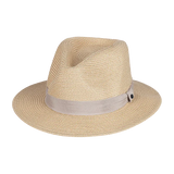 Kooringal Cypress Safari hat, a natural straw fedora with a gray ribbon band, angled view