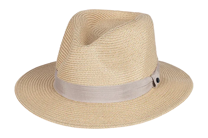 Kooringal Cypress Safari hat, a natural straw fedora with a gray ribbon band, angled view