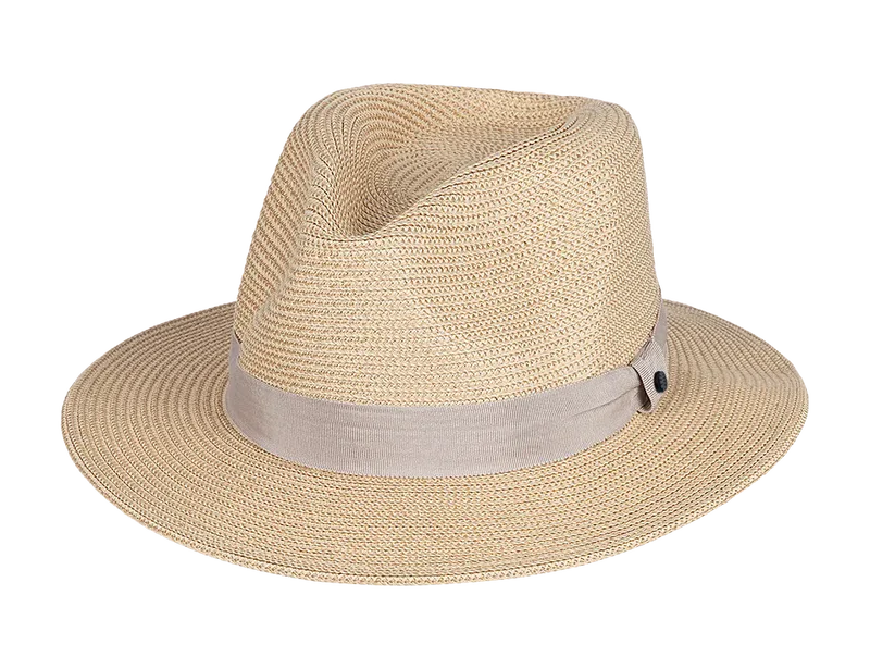 Kooringal Cypress Safari hat, a natural straw fedora with a gray ribbon band, angled view