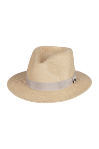 Kooringal Cypress Safari hat, a natural straw fedora with a gray ribbon band, angled view