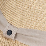 Close-up of the gray ribbon band and button detail on the Kooringal Cypress Safari straw fedora