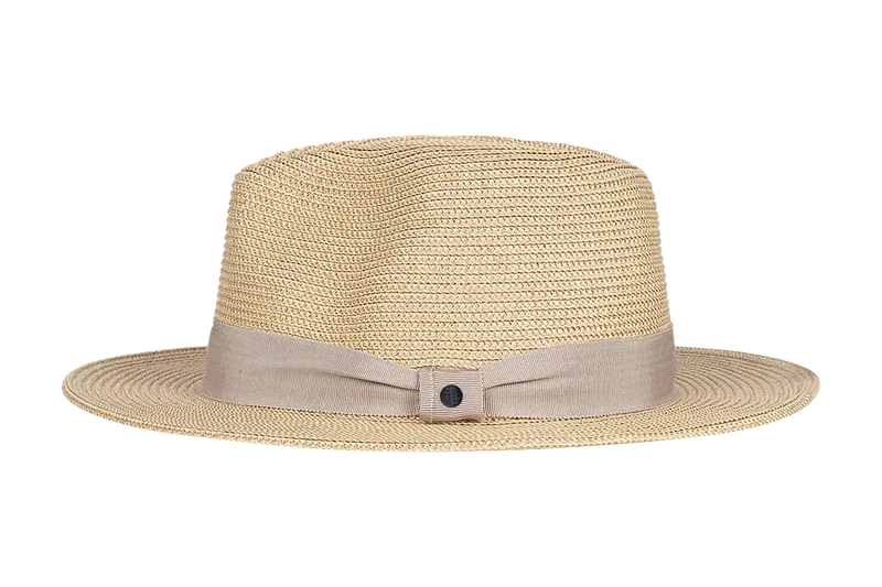 Kooringal Cypress Safari straw fedora with a gray ribbon band, front view