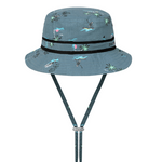 Kooringal Dozer Boys Bucket Hat in Bare Bones, a teal blue bucket hat with a dinosaur skeleton print and chin cord