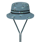 Kooringal Dozer Boys Bucket Hat in Bare Bones, a teal blue bucket hat with a dinosaur skeleton print and chin cord