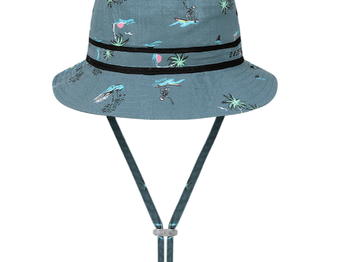 Kooringal Dozer Boys Bucket Hat in Bare Bones, a teal blue bucket hat with a dinosaur skeleton print and chin cord