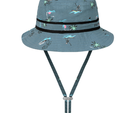 Kooringal Dozer Boys Bucket Hat in Bare Bones, a teal blue bucket hat with a dinosaur skeleton print and chin cord