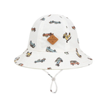 Kooringal Dozer Boys Bucket Hat in Bowen, a cream bucket hat with a vintage car print and chin cord