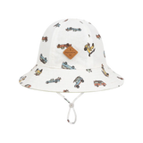 Kooringal Dozer Boys Bucket Hat in Bowen, a cream bucket hat with a vintage car print and chin cord