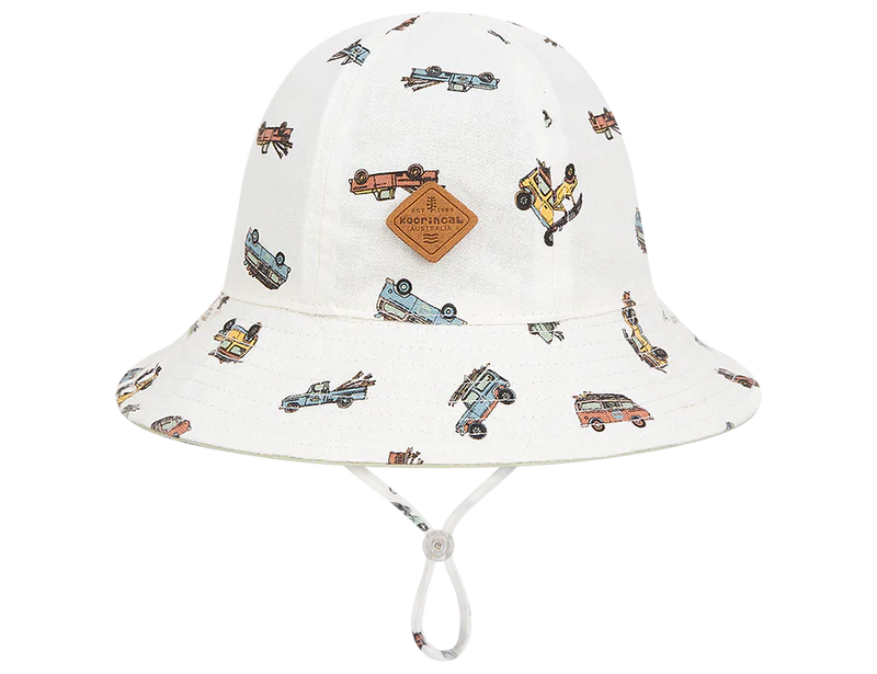 Kooringal Dozer Boys Bucket Hat in Bowen, a cream bucket hat with a vintage car print and chin cord