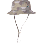 Kooringal Dozer Boys Bucket Hat in Camo, a green camouflage print bucket hat with a chin cord