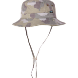 Kooringal Dozer Boys Bucket Hat in Camo, a green camouflage print bucket hat with a chin cord