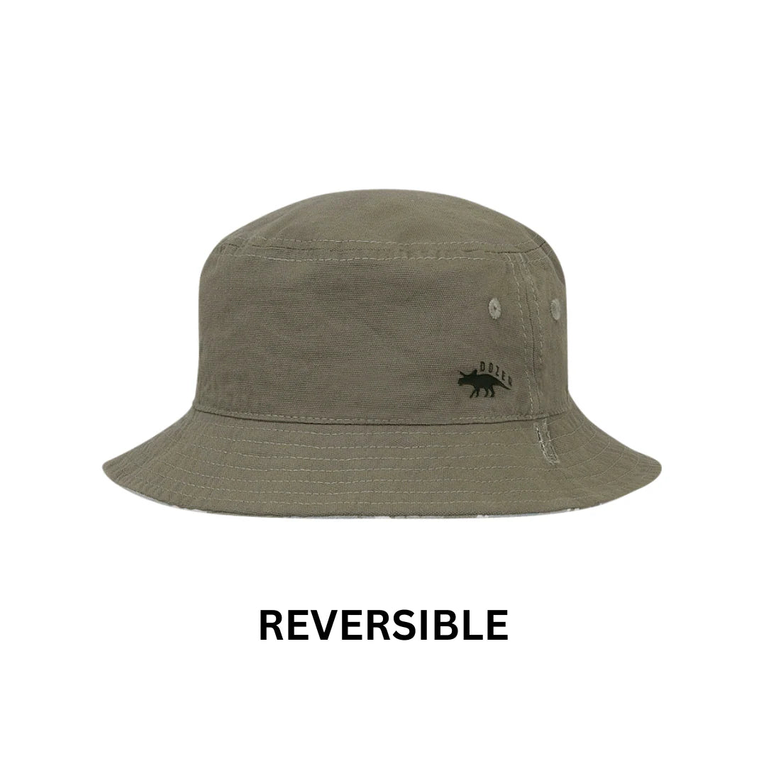Kooringal Dozer Boys Bucket Hat in Clifton Camo flipped to its reversible solid olive green side