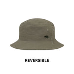 Kooringal Dozer Boys Bucket Hat in Clifton Camo flipped to its reversible solid olive green side