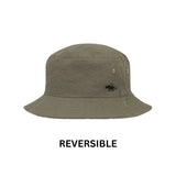 Kooringal Dozer Boys Bucket Hat in Clifton Camo flipped to its reversible solid olive green side