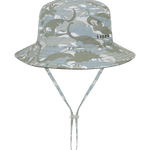 Kooringal Dozer Boys Bucket Hat in Clifton Camo, a sage green dinosaur camouflage bucket hat with chin cord